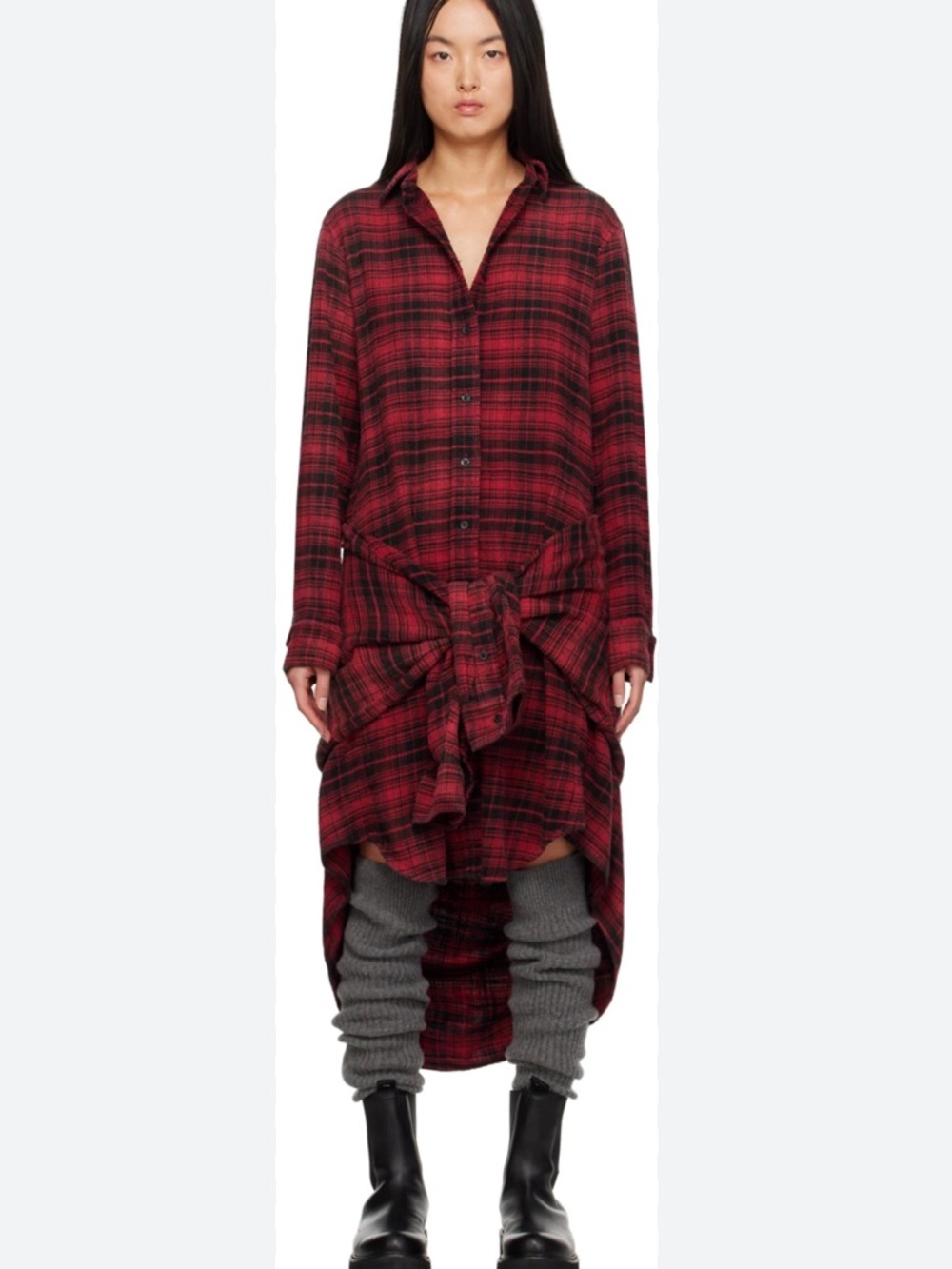 R13 Tie Waist Midi Shirt Dress - Red/Black Plaid Size XS - Picture 10 of 12